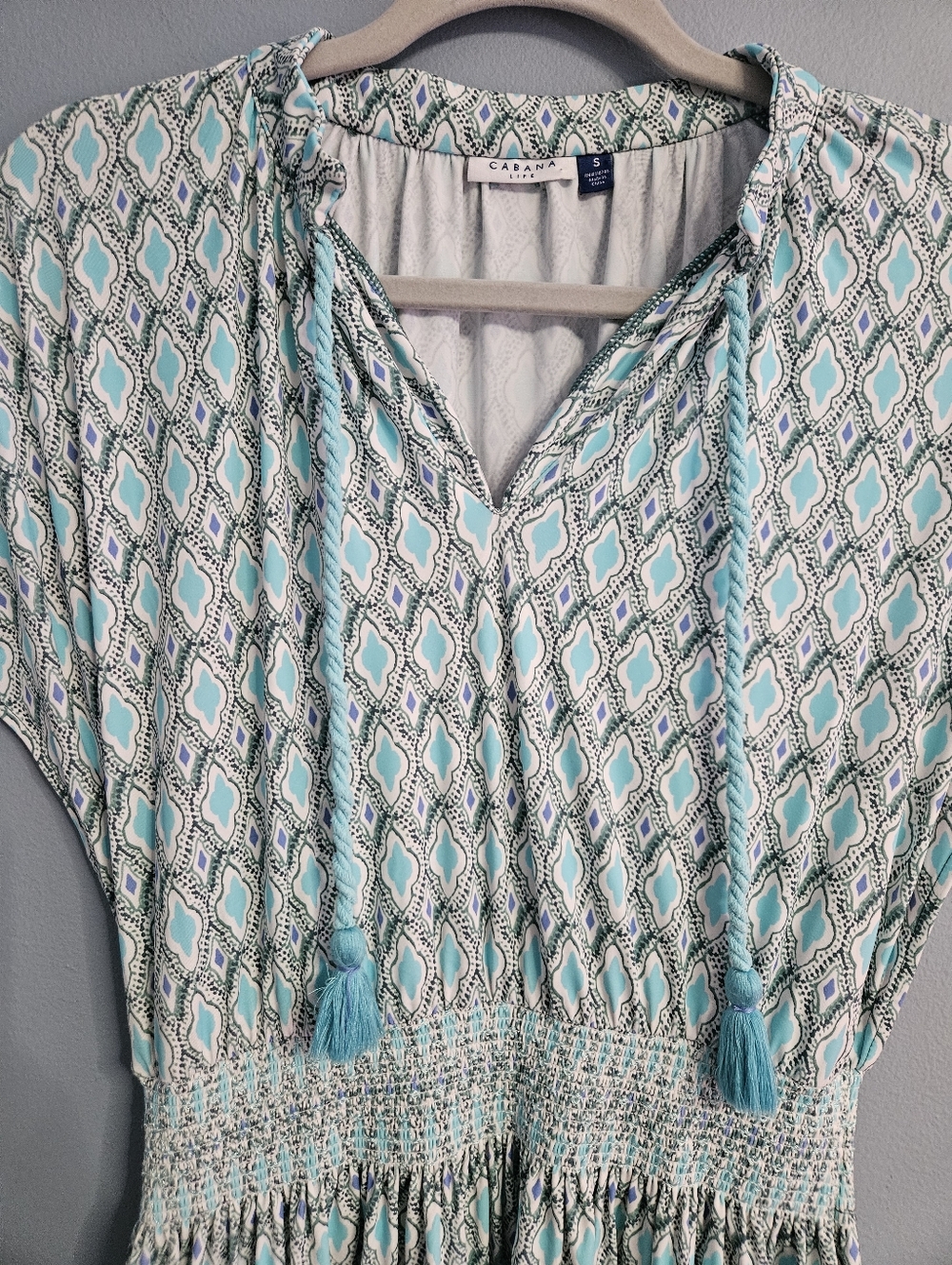 Cabana Life Geo Print Maxi Dress S Blue Aqua Tassel Smocked Waist UPF 50 Resort - Picture 7 of 8
